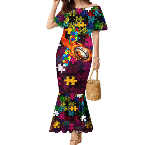 Broncos Autism Awareness Family Matching Mermaid Dress and Hawaiian Shirt Puzzle Flames Rugby Ball