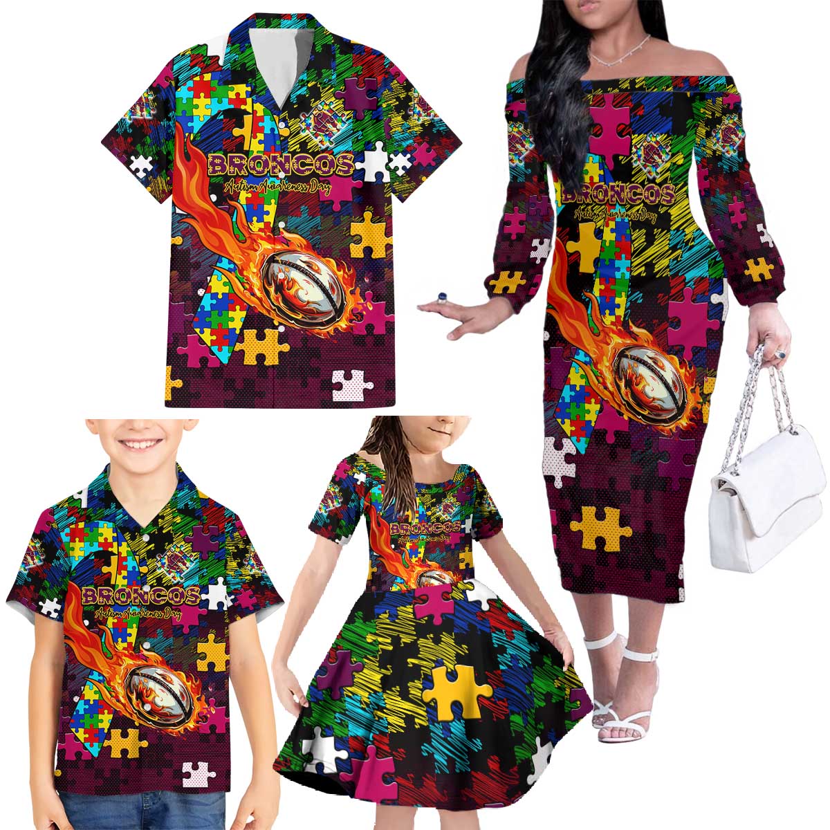 Broncos Autism Awareness Family Matching Off The Shoulder Long Sleeve Dress and Hawaiian Shirt Puzzle Flames Rugby Ball