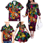 Broncos Autism Awareness Family Matching Off The Shoulder Long Sleeve Dress and Hawaiian Shirt Puzzle Flames Rugby Ball