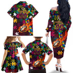 Broncos Autism Awareness Family Matching Off The Shoulder Long Sleeve Dress and Hawaiian Shirt Puzzle Flames Rugby Ball