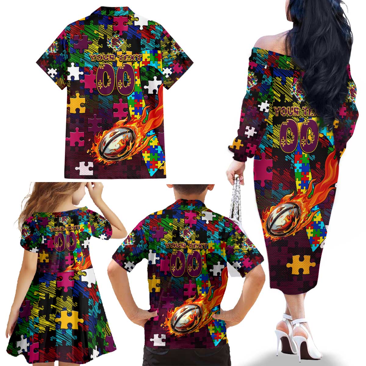 Broncos Autism Awareness Family Matching Off The Shoulder Long Sleeve Dress and Hawaiian Shirt Puzzle Flames Rugby Ball