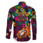 Broncos Autism Awareness Family Matching Off The Shoulder Long Sleeve Dress and Hawaiian Shirt Puzzle Flames Rugby Ball