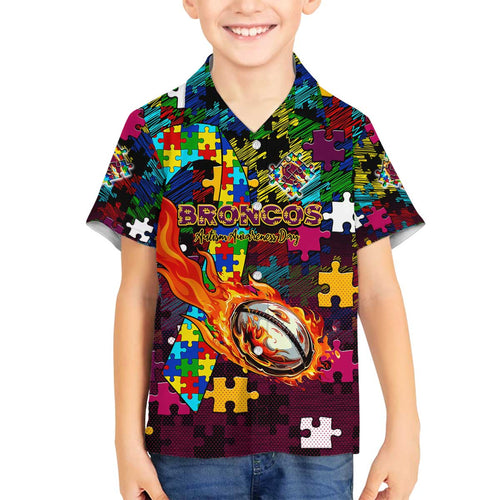 Broncos Autism Awareness Family Matching Off The Shoulder Long Sleeve Dress and Hawaiian Shirt Puzzle Flames Rugby Ball