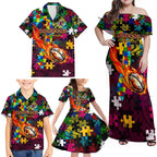 Broncos Autism Awareness Family Matching Off Shoulder Maxi Dress and Hawaiian Shirt Puzzle Flames Rugby Ball