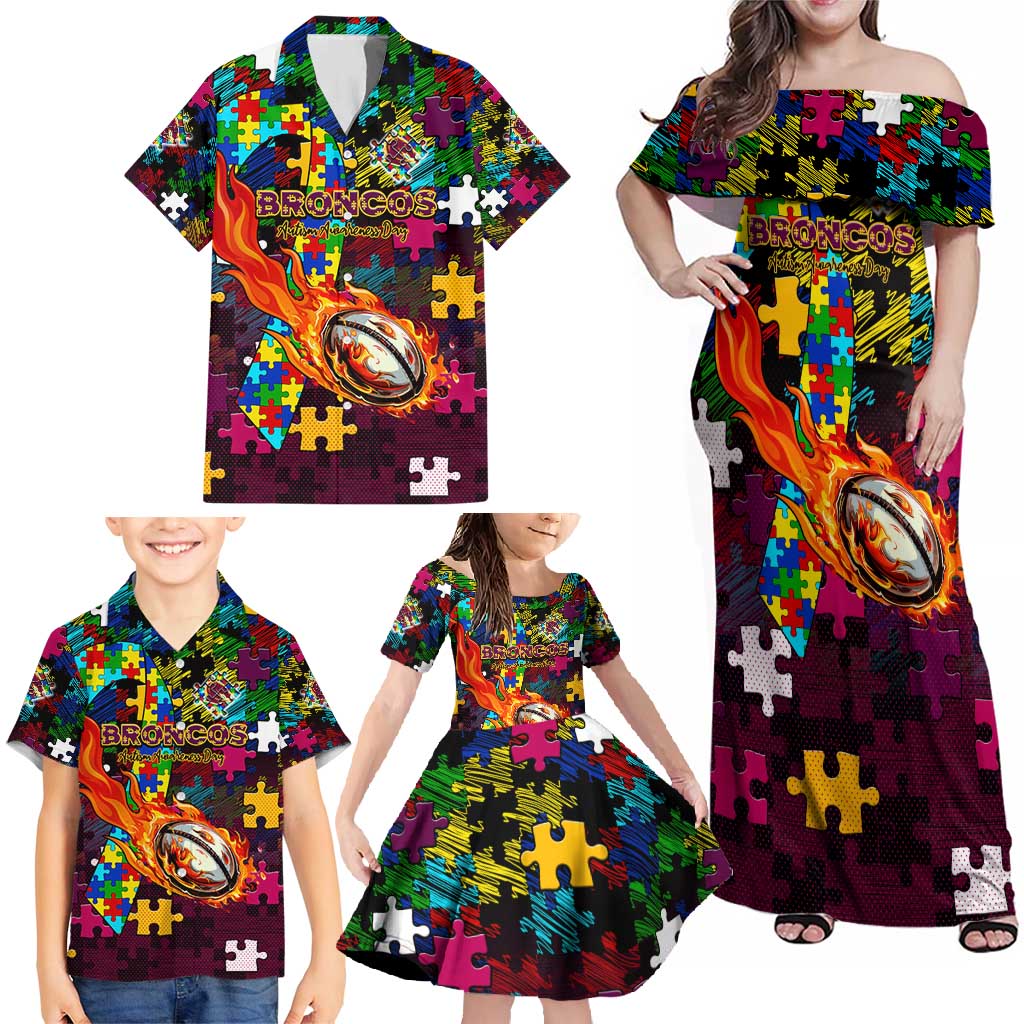 Broncos Autism Awareness Family Matching Off Shoulder Maxi Dress and Hawaiian Shirt Puzzle Flames Rugby Ball