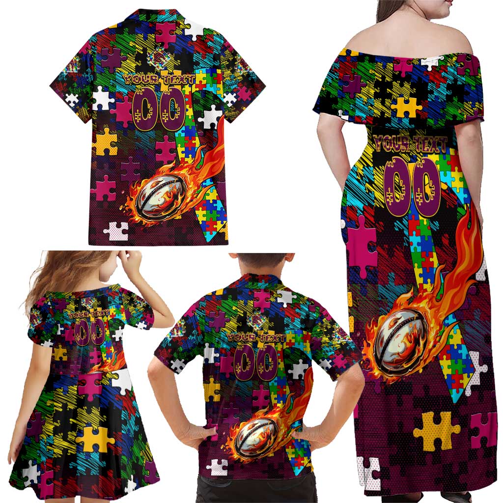 Broncos Autism Awareness Family Matching Off Shoulder Maxi Dress and Hawaiian Shirt Puzzle Flames Rugby Ball
