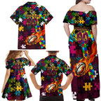 Broncos Autism Awareness Family Matching Off Shoulder Maxi Dress and Hawaiian Shirt Puzzle Flames Rugby Ball