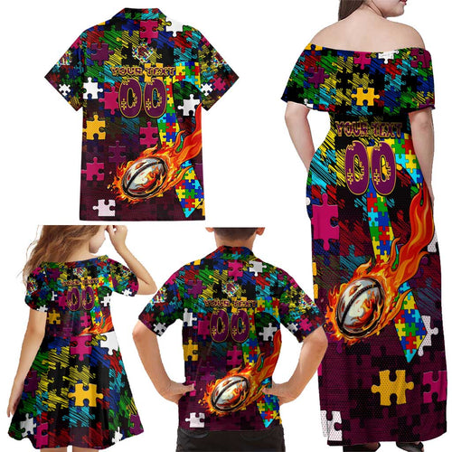 Broncos Autism Awareness Family Matching Off Shoulder Maxi Dress and Hawaiian Shirt Puzzle Flames Rugby Ball