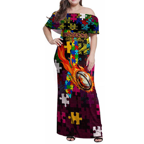 Broncos Autism Awareness Family Matching Off Shoulder Maxi Dress and Hawaiian Shirt Puzzle Flames Rugby Ball