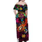 Broncos Autism Awareness Family Matching Off Shoulder Maxi Dress and Hawaiian Shirt Puzzle Flames Rugby Ball