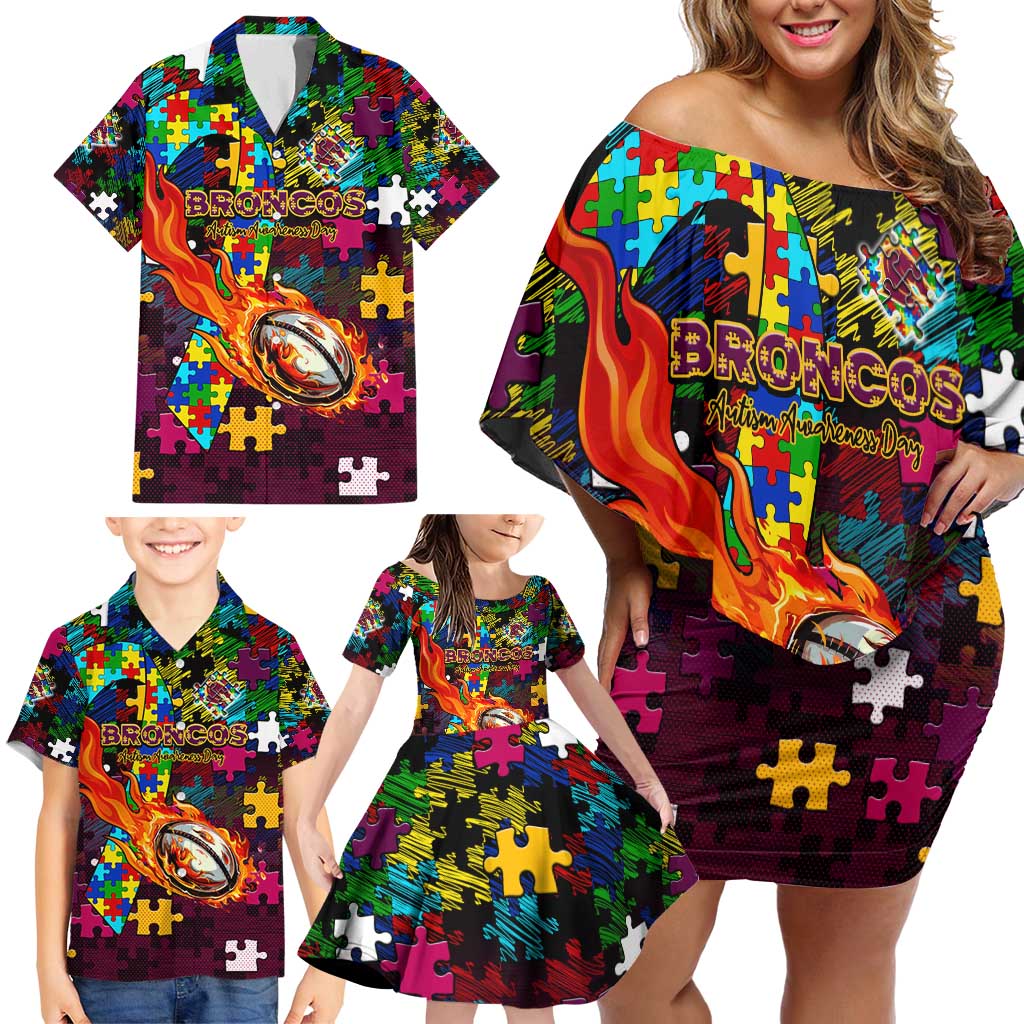 Broncos Autism Awareness Family Matching Off Shoulder Short Dress and Hawaiian Shirt Puzzle Flames Rugby Ball