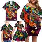 Broncos Autism Awareness Family Matching Off Shoulder Short Dress and Hawaiian Shirt Puzzle Flames Rugby Ball
