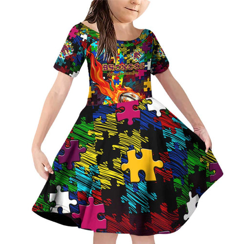 Broncos Autism Awareness Family Matching Off Shoulder Short Dress and Hawaiian Shirt Puzzle Flames Rugby Ball