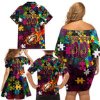 Broncos Autism Awareness Family Matching Off Shoulder Short Dress and Hawaiian Shirt Puzzle Flames Rugby Ball