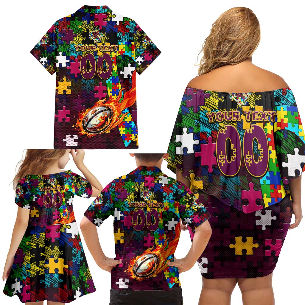 Broncos Autism Awareness Family Matching Off Shoulder Short Dress and Hawaiian Shirt Puzzle Flames Rugby Ball