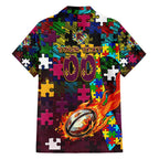 Broncos Autism Awareness Family Matching Off Shoulder Short Dress and Hawaiian Shirt Puzzle Flames Rugby Ball