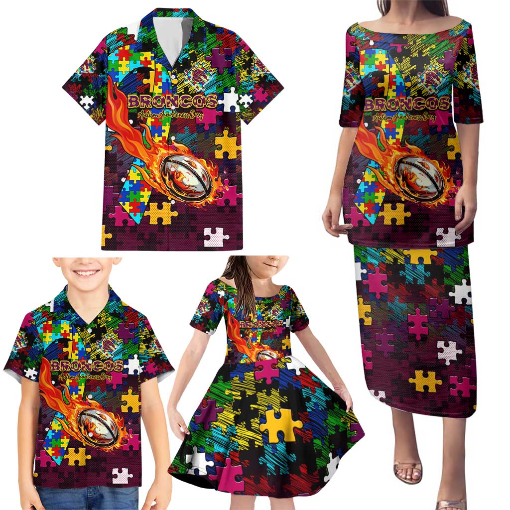 Broncos Autism Awareness Family Matching Puletasi and Hawaiian Shirt Puzzle Flames Rugby Ball