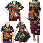 Broncos Autism Awareness Family Matching Puletasi and Hawaiian Shirt Puzzle Flames Rugby Ball