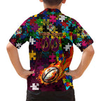 Broncos Autism Awareness Family Matching Puletasi and Hawaiian Shirt Puzzle Flames Rugby Ball