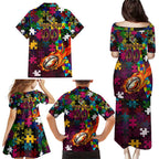 Broncos Autism Awareness Family Matching Puletasi and Hawaiian Shirt Puzzle Flames Rugby Ball