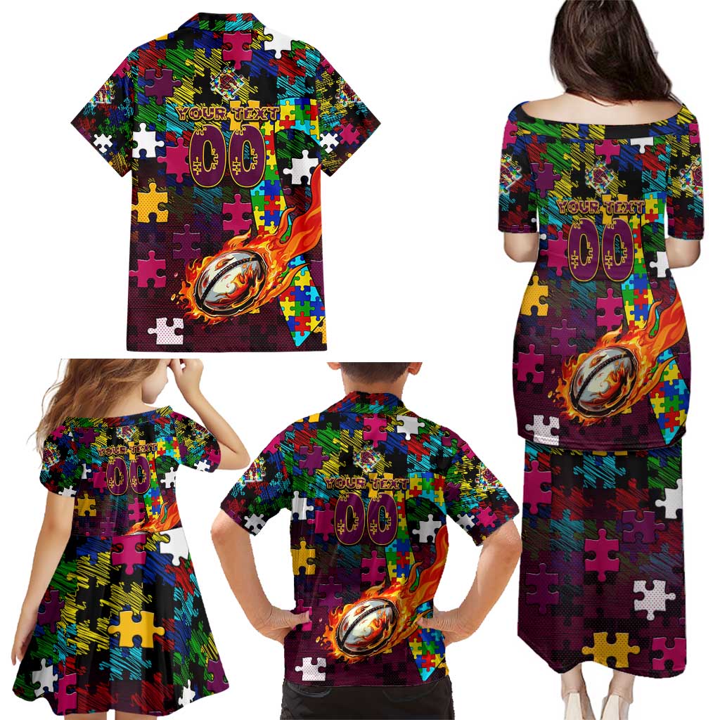 Broncos Autism Awareness Family Matching Puletasi and Hawaiian Shirt Puzzle Flames Rugby Ball