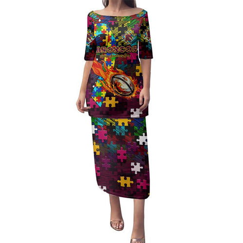 Broncos Autism Awareness Family Matching Puletasi and Hawaiian Shirt Puzzle Flames Rugby Ball