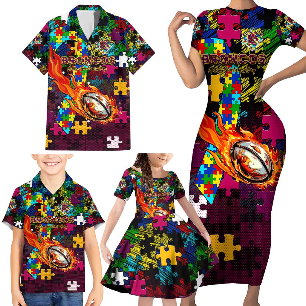 Broncos Autism Awareness Family Matching Short Sleeve Bodycon Dress and Hawaiian Shirt Puzzle Flames Rugby Ball
