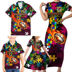 Broncos Autism Awareness Family Matching Short Sleeve Bodycon Dress and Hawaiian Shirt Puzzle Flames Rugby Ball