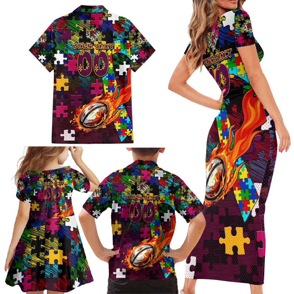 Broncos Autism Awareness Family Matching Short Sleeve Bodycon Dress and Hawaiian Shirt Puzzle Flames Rugby Ball