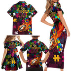 Broncos Autism Awareness Family Matching Short Sleeve Bodycon Dress and Hawaiian Shirt Puzzle Flames Rugby Ball