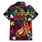 Broncos Autism Awareness Family Matching Short Sleeve Bodycon Dress and Hawaiian Shirt Puzzle Flames Rugby Ball