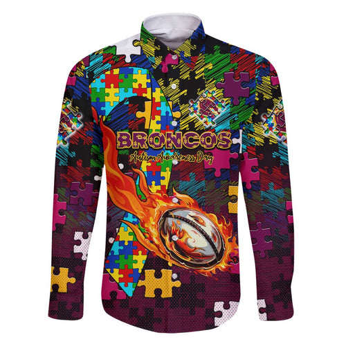 Broncos Autism Awareness Family Matching Short Sleeve Bodycon Dress and Hawaiian Shirt Puzzle Flames Rugby Ball