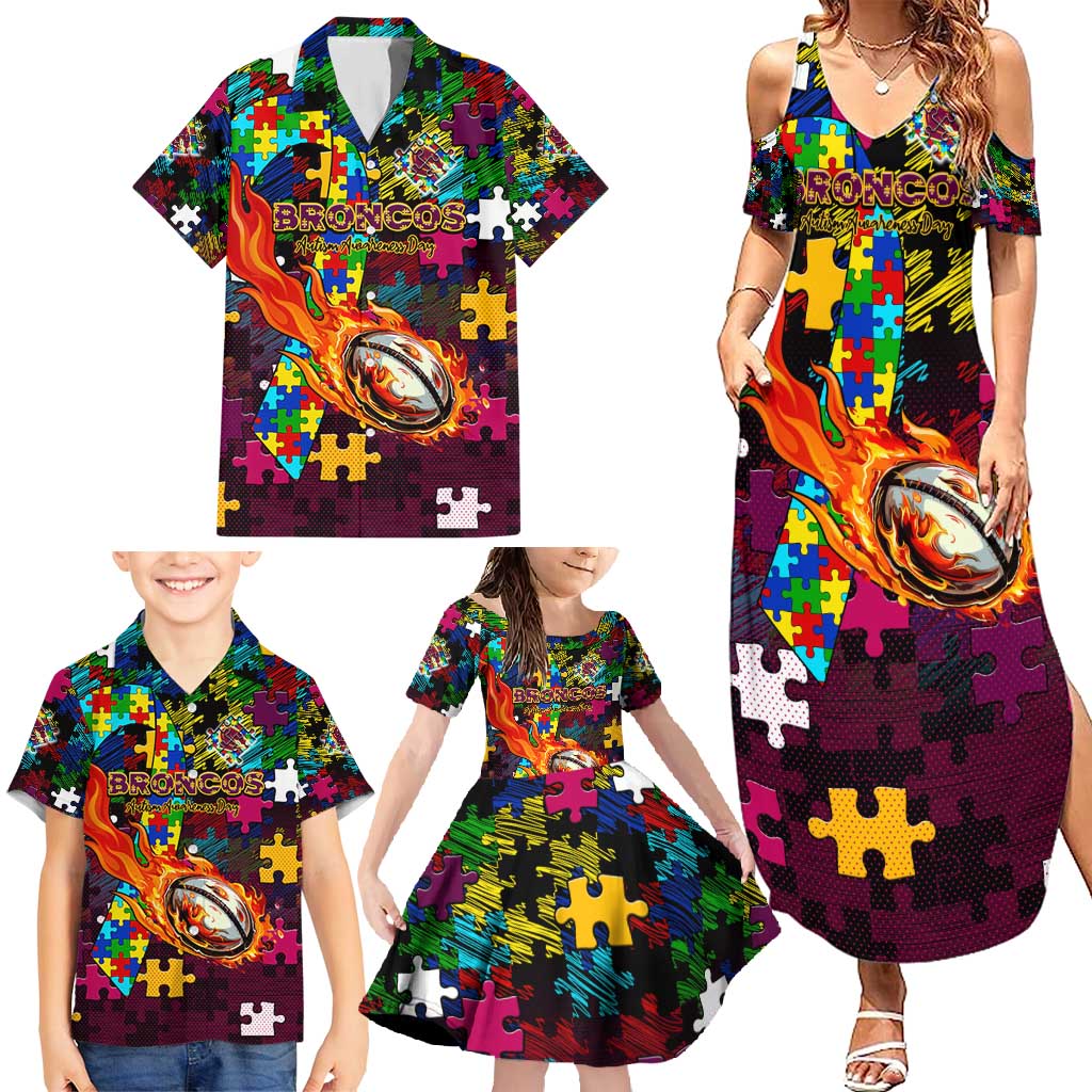 Broncos Autism Awareness Family Matching Summer Maxi Dress and Hawaiian Shirt Puzzle Flames Rugby Ball