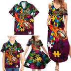 Broncos Autism Awareness Family Matching Summer Maxi Dress and Hawaiian Shirt Puzzle Flames Rugby Ball