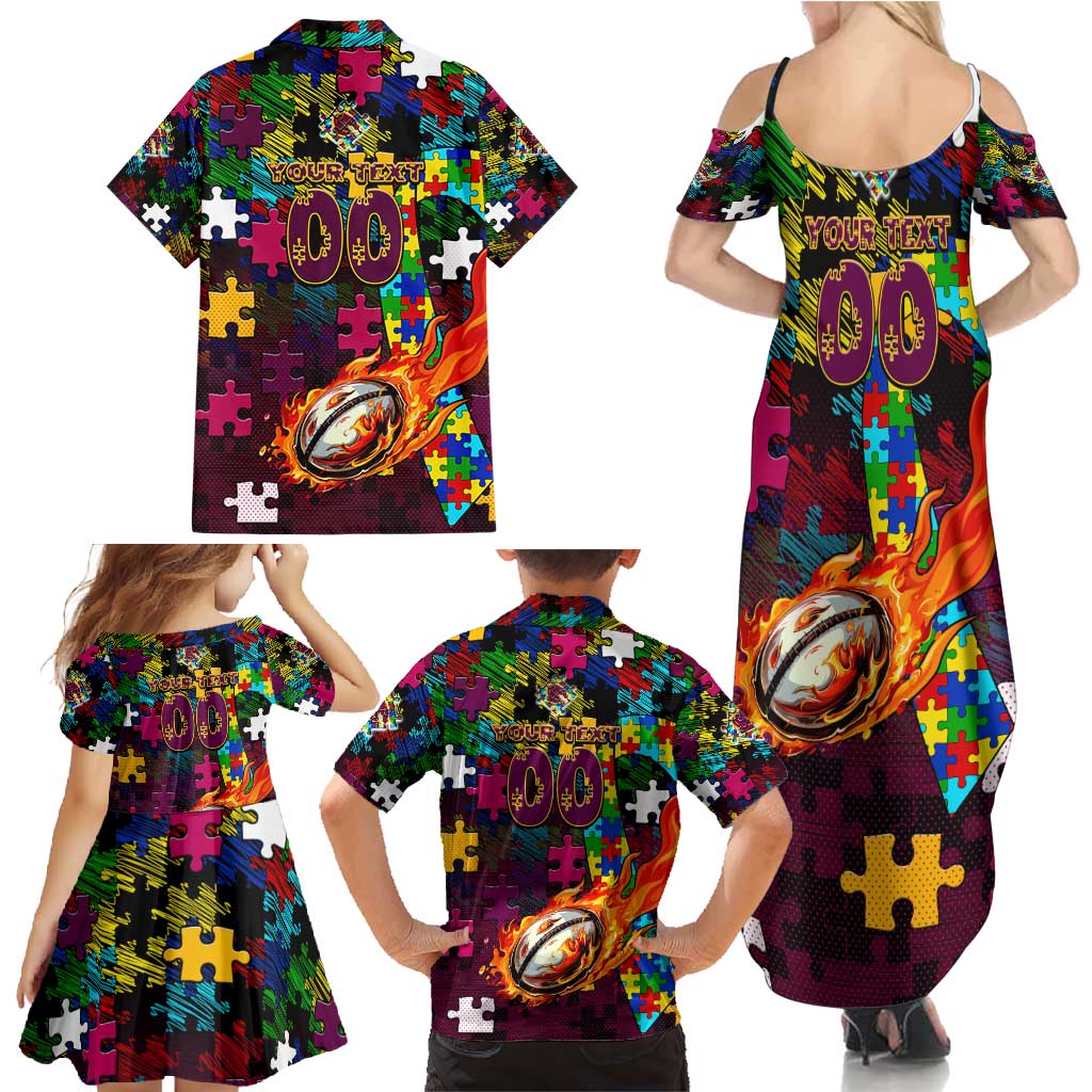 Broncos Autism Awareness Family Matching Summer Maxi Dress and Hawaiian Shirt Puzzle Flames Rugby Ball