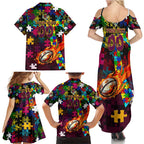 Broncos Autism Awareness Family Matching Summer Maxi Dress and Hawaiian Shirt Puzzle Flames Rugby Ball