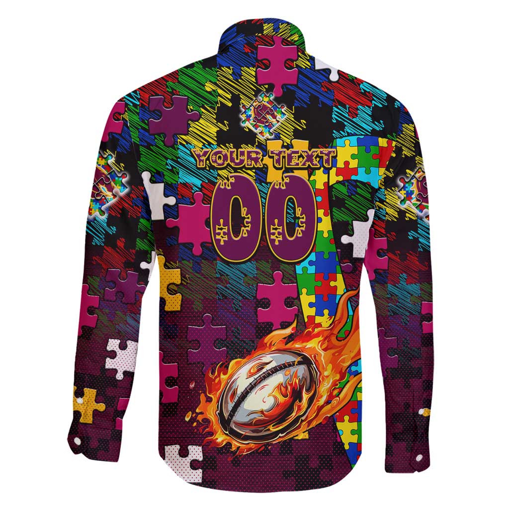 Broncos Autism Awareness Family Matching Summer Maxi Dress and Hawaiian Shirt Puzzle Flames Rugby Ball