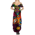 Broncos Autism Awareness Family Matching Summer Maxi Dress and Hawaiian Shirt Puzzle Flames Rugby Ball