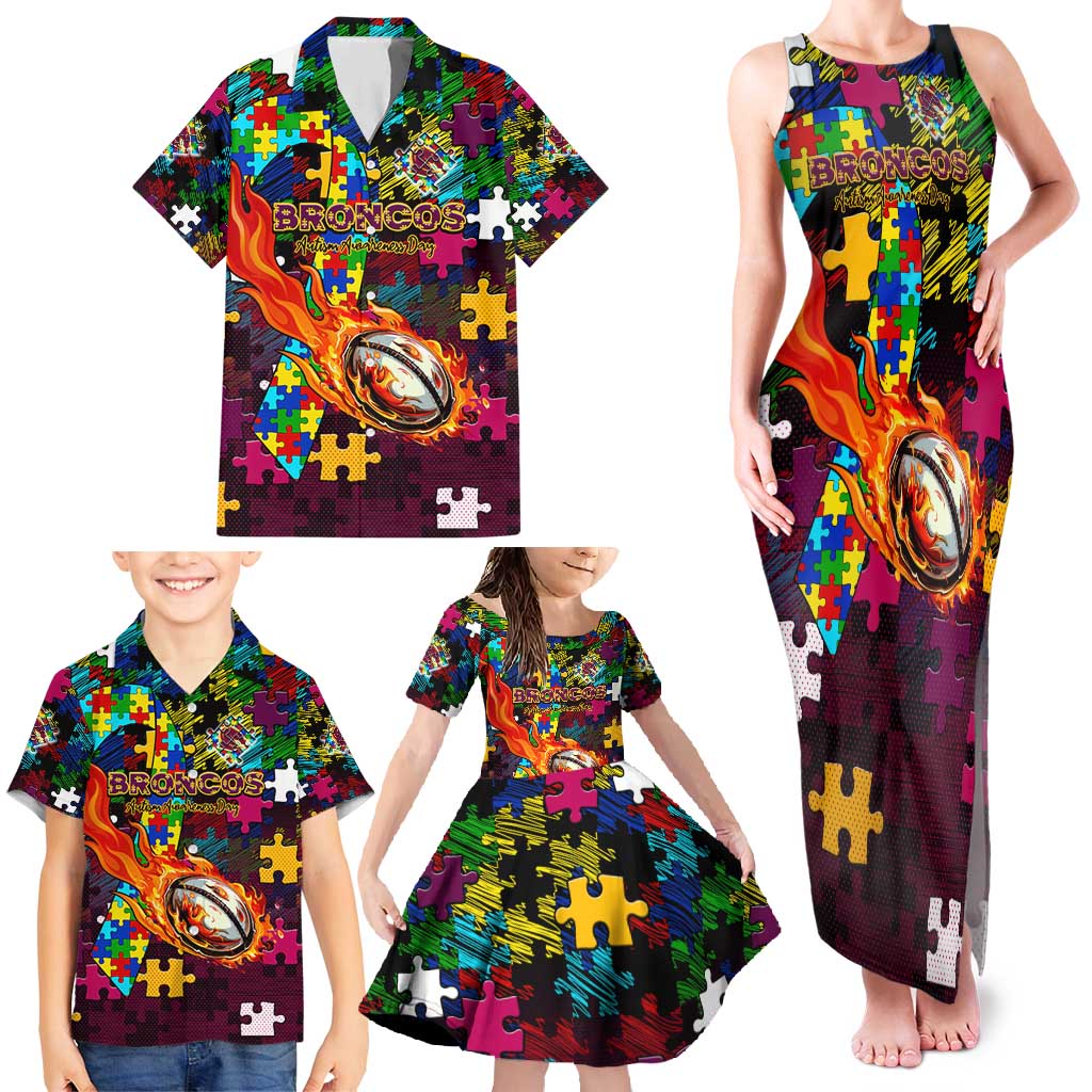 Broncos Autism Awareness Family Matching Tank Maxi Dress and Hawaiian Shirt Puzzle Flames Rugby Ball