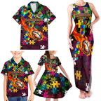 Broncos Autism Awareness Family Matching Tank Maxi Dress and Hawaiian Shirt Puzzle Flames Rugby Ball