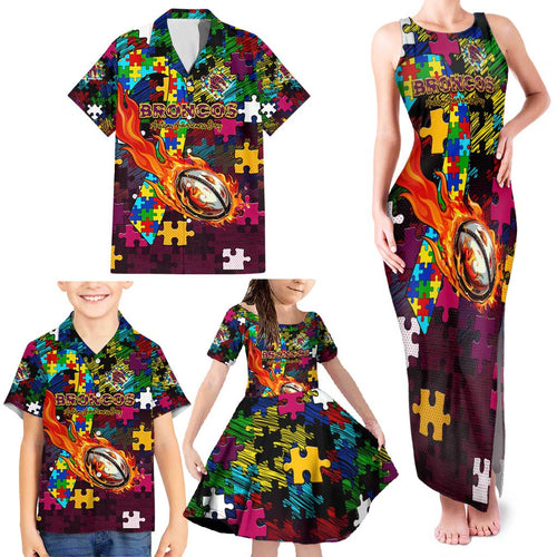 Broncos Autism Awareness Family Matching Tank Maxi Dress and Hawaiian Shirt Puzzle Flames Rugby Ball
