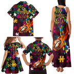 Broncos Autism Awareness Family Matching Tank Maxi Dress and Hawaiian Shirt Puzzle Flames Rugby Ball