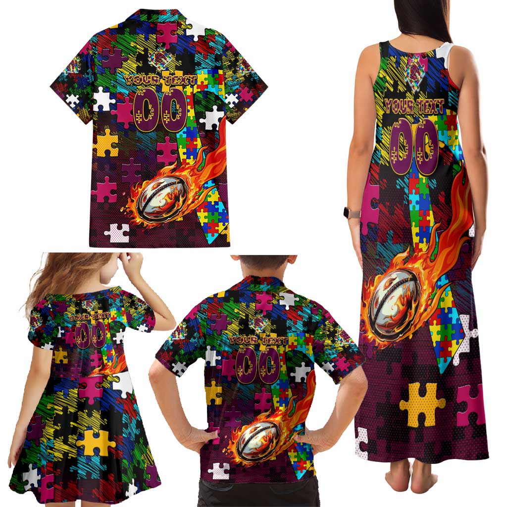 Broncos Autism Awareness Family Matching Tank Maxi Dress and Hawaiian Shirt Puzzle Flames Rugby Ball
