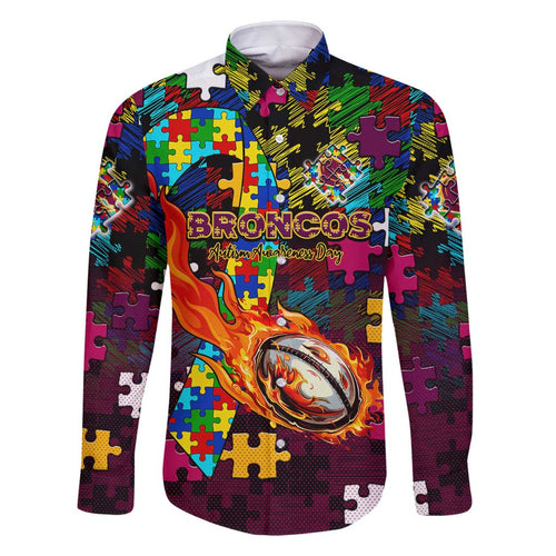 Broncos Autism Awareness Family Matching Tank Maxi Dress and Hawaiian Shirt Puzzle Flames Rugby Ball