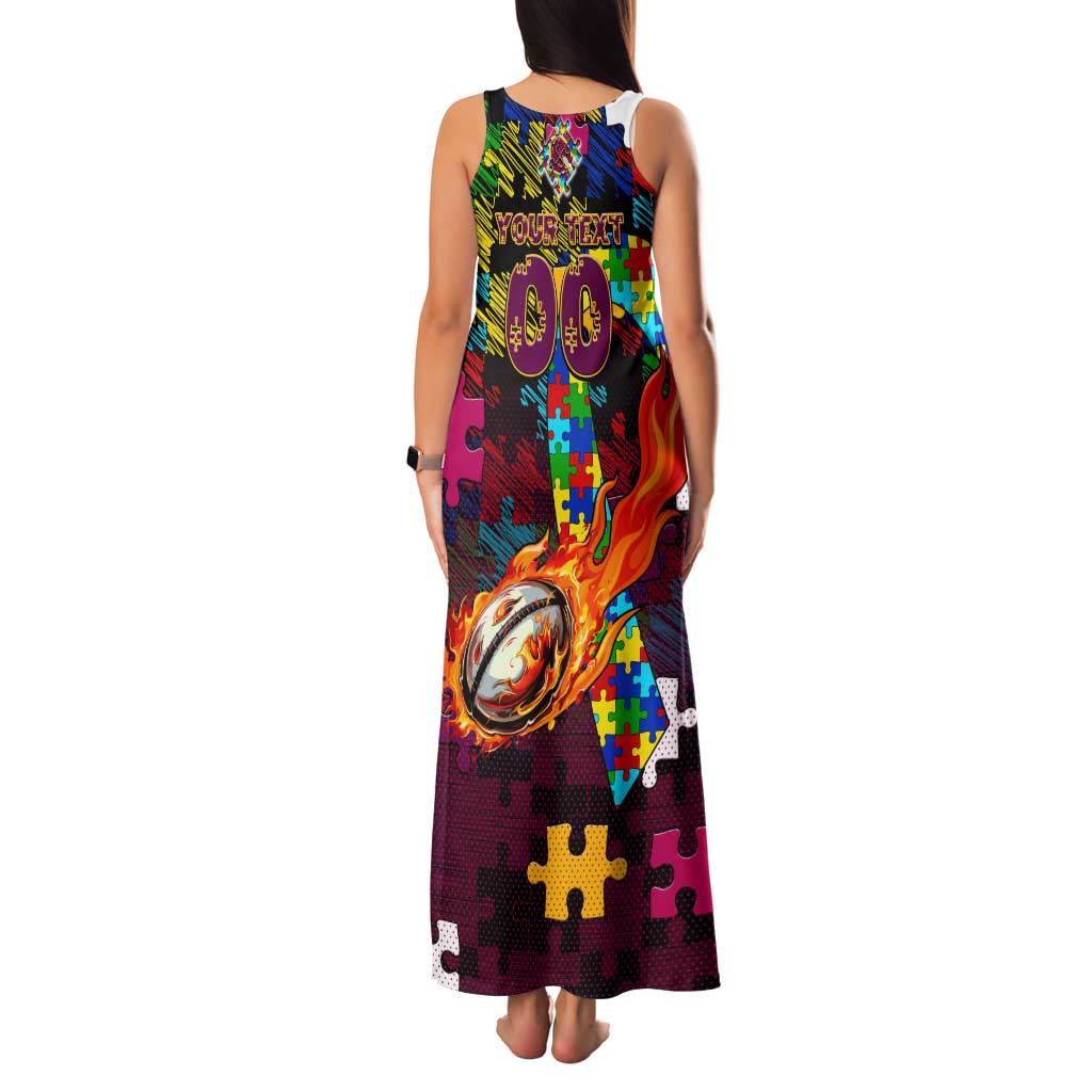 Broncos Autism Awareness Family Matching Tank Maxi Dress and Hawaiian Shirt Puzzle Flames Rugby Ball