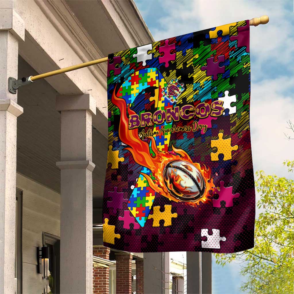 Broncos Autism Awareness Garden Flag Puzzle Flames Rugby Ball