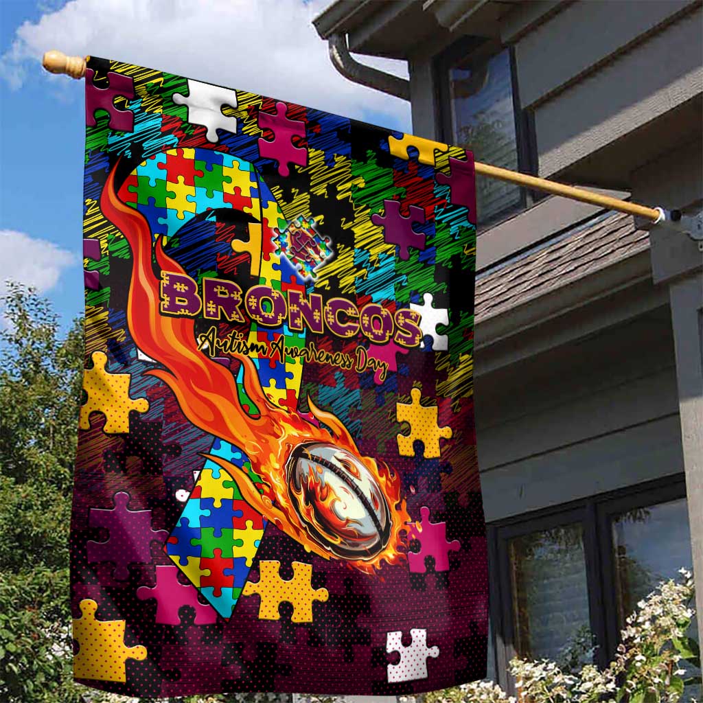 Broncos Autism Awareness Garden Flag Puzzle Flames Rugby Ball
