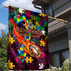 Broncos Autism Awareness Garden Flag Puzzle Flames Rugby Ball