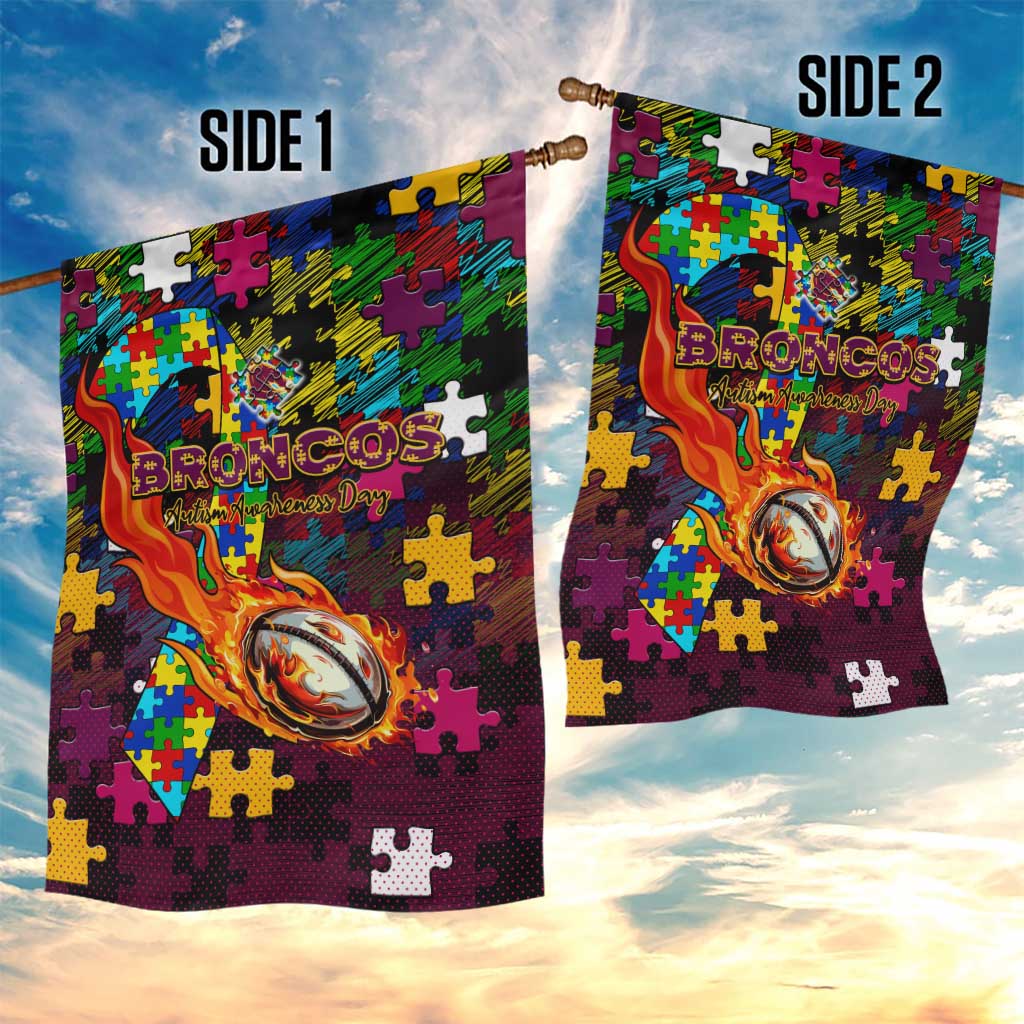 Broncos Autism Awareness Garden Flag Puzzle Flames Rugby Ball