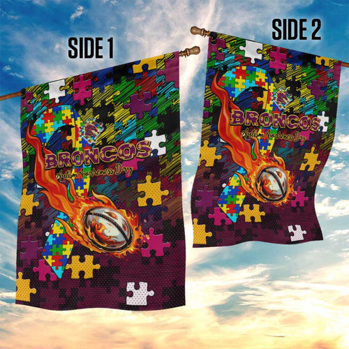 Broncos Autism Awareness Garden Flag Puzzle Flames Rugby Ball